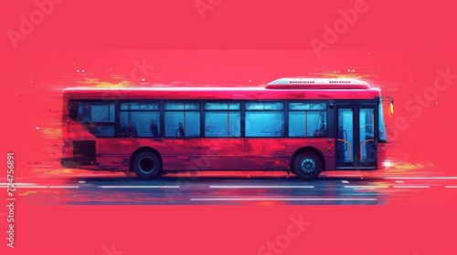 a red bus with a surfboard on top of it's roof is driving down the street in front of a red background with a splash of red light.
