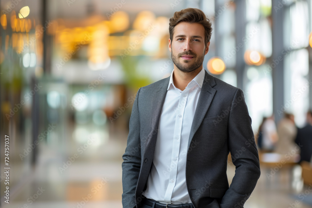 Mature adult businessman standing in the office hall. A man in a suit looking like a businessman or ceo manager Mature adult businessman standing in the office hall. A man in a suit looking like a businessman or ceo manager