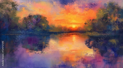 A serene lakeside scene at sunset with vibrant colors reflecting off the water - Impressionism