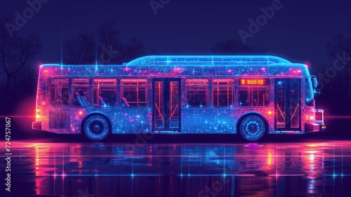  a brightly lit bus is parked on the side of the road in front of a body of water with trees in the background and a dark sky with no clouds.