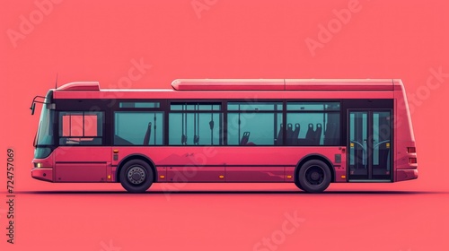  a red bus on a pink background with a shadow of a person on the side of the bus and a pink background with a shadow of a person on the side of the bus. photo