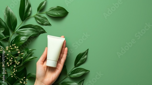 Concepto de una mano sosteniendo un producto cosmético vegano. Generado por IA. photo