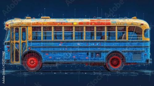  a drawing of a blue and yellow bus with red rims on the front and side of the bus with red rims on the front and side of the bus.