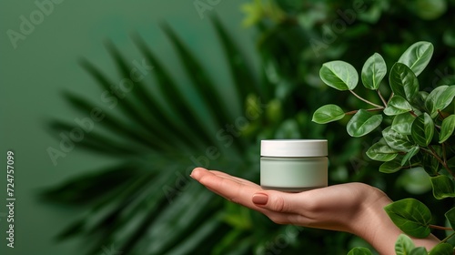 Concepto de una mano sosteniendo un producto cosmético vegano. Generado por IA.