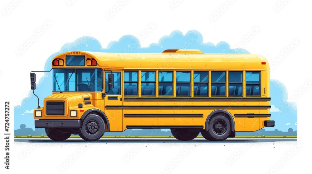  a yellow school bus is parked on the side of the road in front of a blue sky with clouds and a blue sky behind it is a blue sky with clouds.