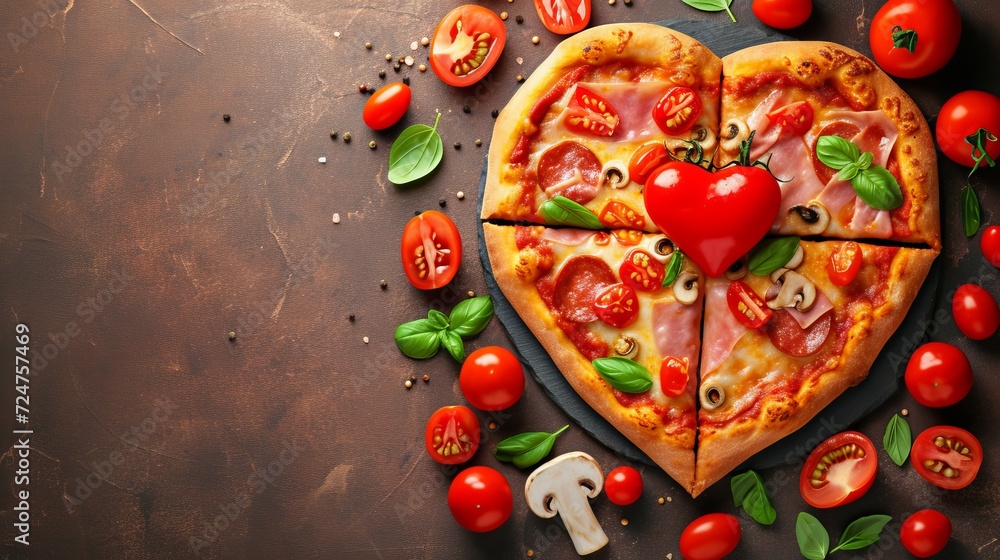 Heart shaped pizza on light table for romantic dinner with copy space, top view angle