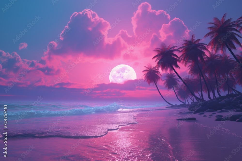 A serene beach with palm trees against a backdrop of a beautiful pink sunset. Perfect for travel and vacation-themed projects