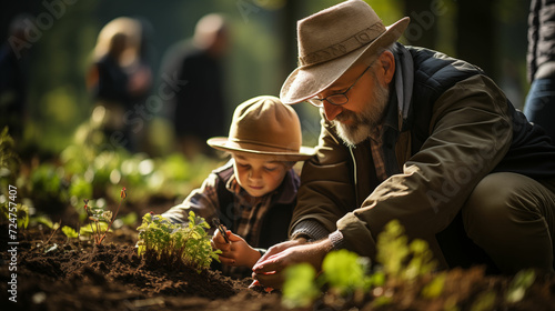 An older man and a young boy are seen exploring the plants, surrounded by tall trees and foliage