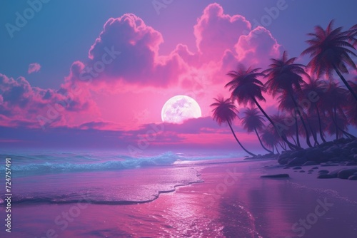 A serene beach with palm trees against a backdrop of a beautiful pink sunset. Perfect for travel and vacation-themed projects