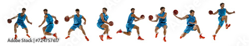 Banner. Collage made of photos professional sportsman, basketball player wearing uniform training against white background. Concept of sport, action, motion, movement, energy, active lifestyle. Ad © Lustre Art Group 