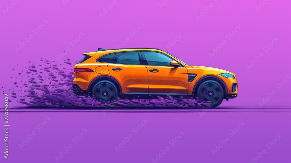  an orange suv driving on a purple and purple background with a splash of paint on the side of the car and the top of the car in the middle of the image.