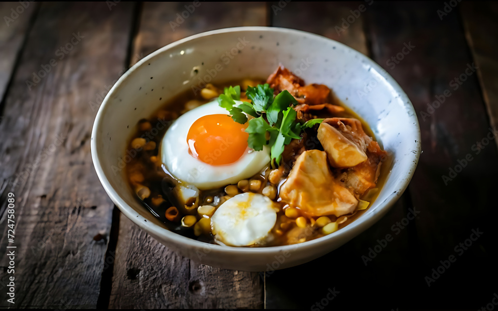 Capture the essence of Bubur Ayam in a mouthwatering food photography shot Capture the essence of Bubur Ayam in a mouthwatering food photography shot