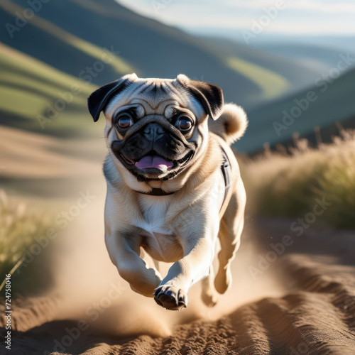 Beige pug dog running in the grass with tongue sticking out. Generative AI