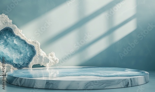 Minimalistic abstract scene with marble podium and blue geode on background 