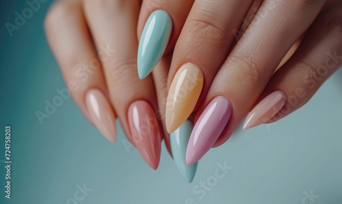 Female hands with pink and beige nail design. Nail polish manicure.