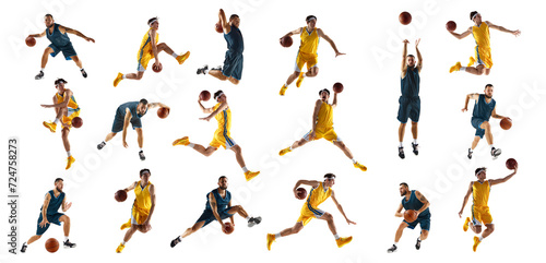 Collage. Athletic men, basketball players in sportwear exercising, training improve their playing skills against white studio background. Concept of sport, action, motion, movement, active lifestyle.