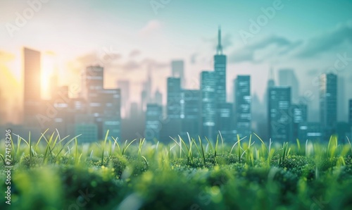 Green grass and modern city skyline at sunset. Industrial landscape with smoke in the air at sunset.