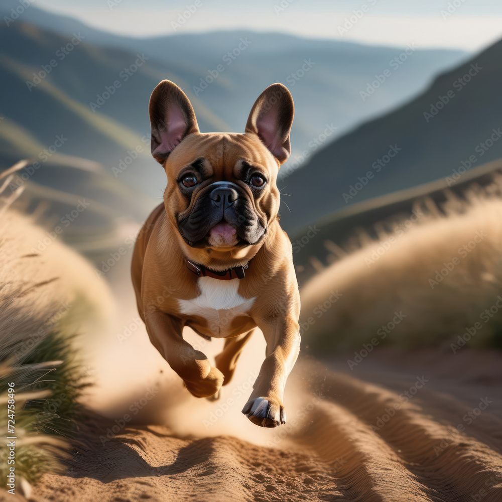 Flying French Bulldog in the park with a beaming face. Purebred dog while running with stretched paws and laughing mouth. Close up portrait of a dog. Generative AI