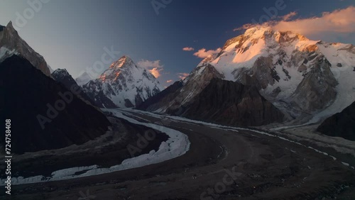 Aerial view of K2 and Broadpeak mountain at sunset view from Concordia camp, Karakoram mountains range in Pakistan photo