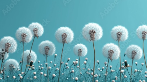  a bunch of white dandelions blowing in the wind on a blue background with a few other dandelions in the foreground with a blue sky in the background.