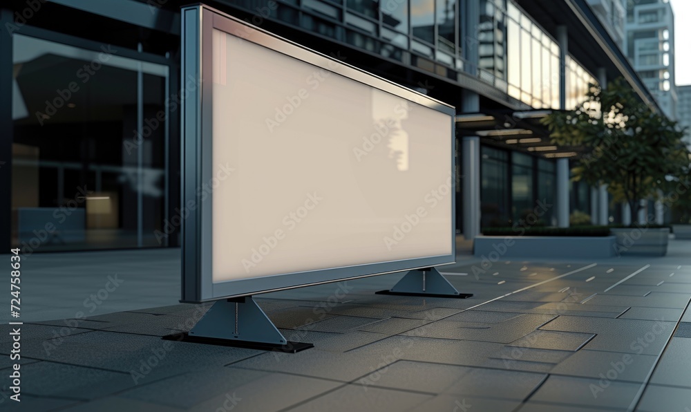 Blank street billboard on city street. Mockup of horizontal advertising stand in the street