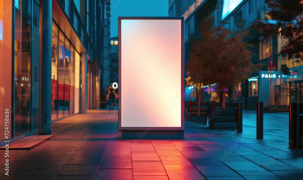 Blank street billboard on city street. Mock up of vertical advertising stand in the street