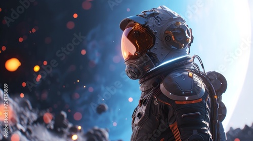 An adventurous human character wearing an advanced space exploration suit  exploring uncharted planets