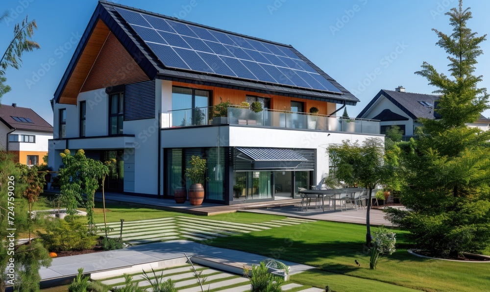 Modern house with solar panels installed on the roof. Modern house with solar panels installed on the roof. Modern house with solar panels installed on the roof. Modern house with solar panels installed on the roof.