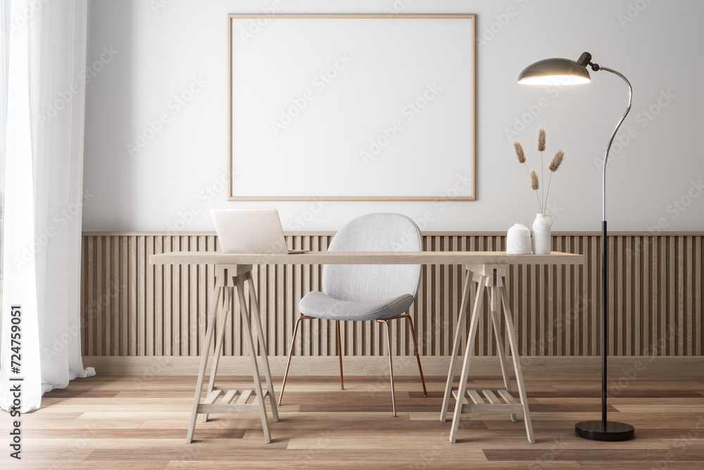 Minimal style empty picture frame made of wood hang on the wall in the working room 3d render, near the window, Decorated wall with wooden slatted skirt, furnished with wooden table - obrazy, fototapety, plakaty 