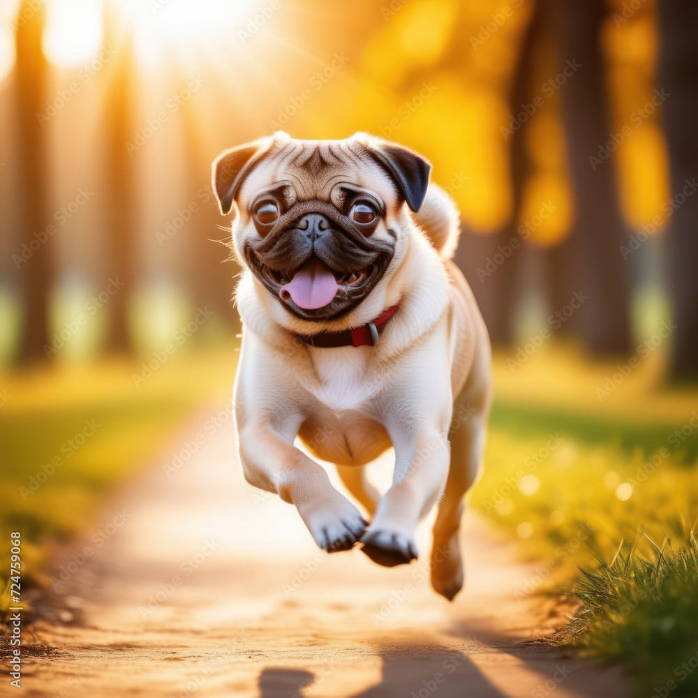 Beige pug dog running in the grass with tongue sticking out. Generative AI
