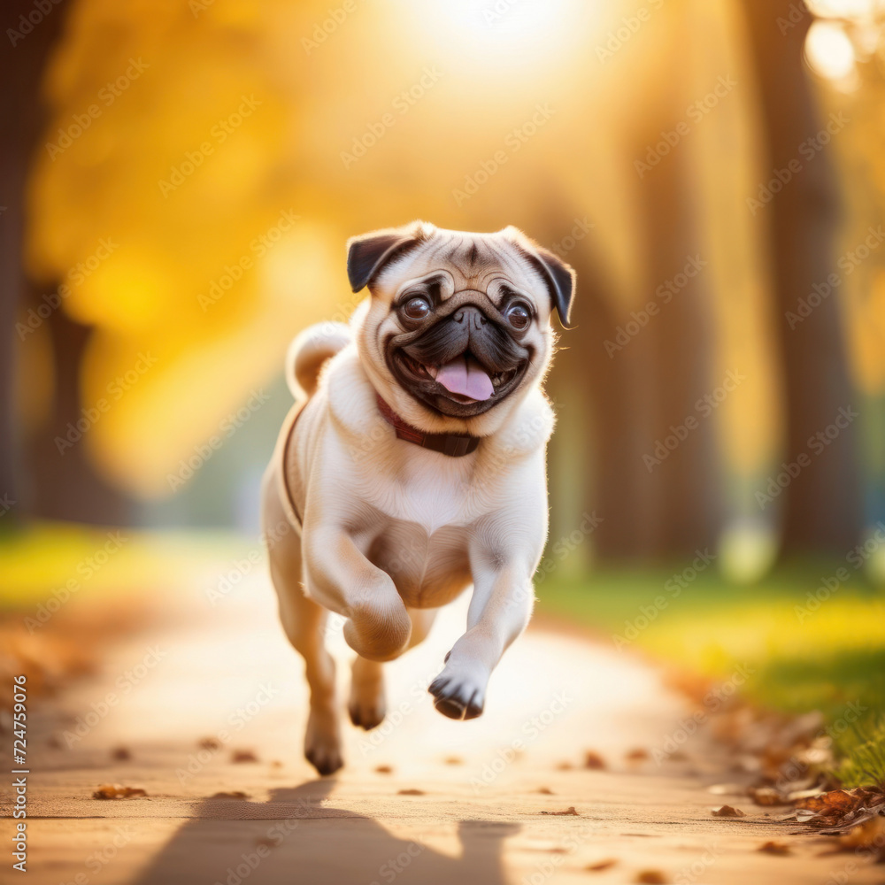 Beige pug dog running in the grass with tongue sticking out. Generative AI Beige pug dog running in the grass with tongue sticking out. Generative AI