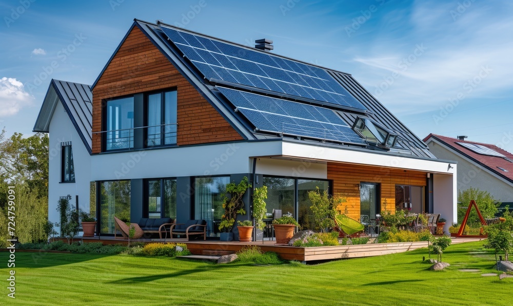 Modern house with solar panels installed on the roof. Modern house with solar panels installed on the roof. Modern house with solar panels installed on the roof. Modern house with solar panels installed on the roof.