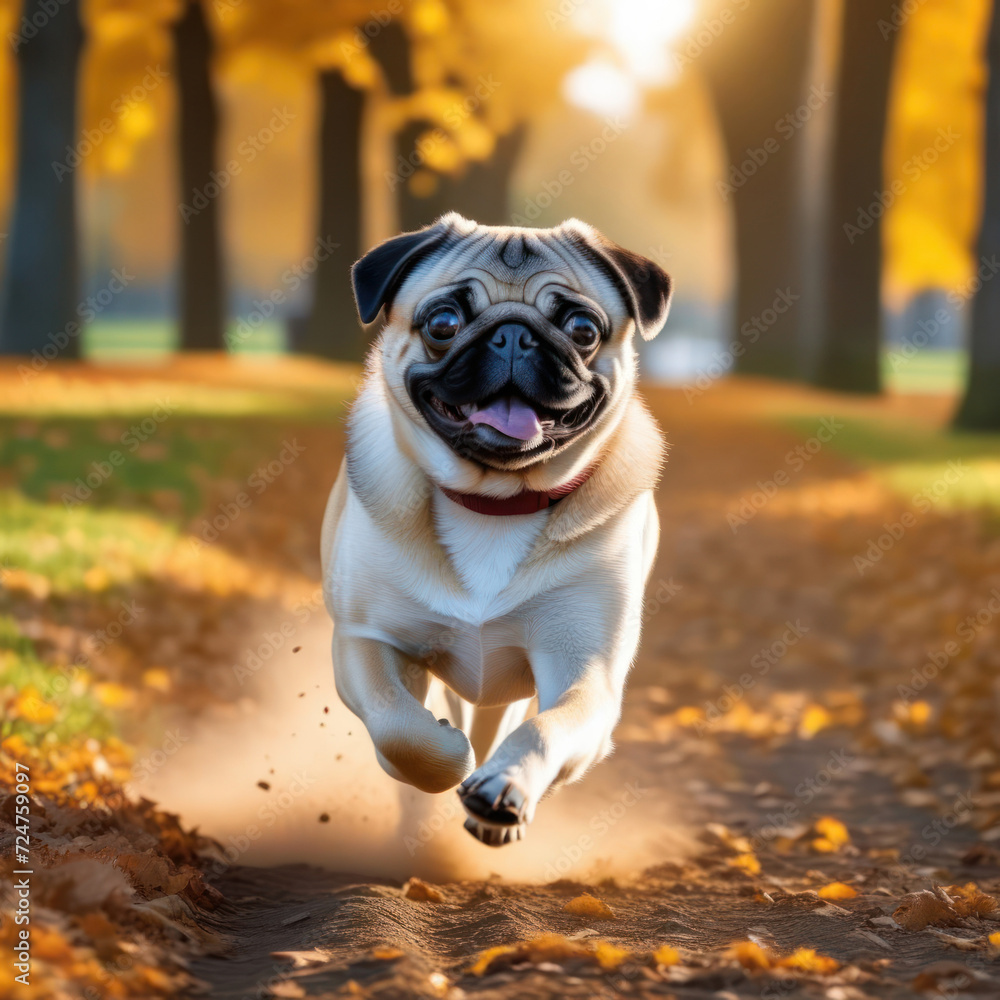 Beige pug dog running in the grass with tongue sticking out. Generative AI Beige pug dog running in the grass with tongue sticking out. Generative AI