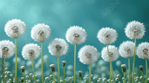  a group of white dandelions in front of a blue sky with a few green stems in the foreground and a few white flowers in the foreground.