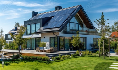 Modern house with solar panels installed on the roof. Modern house with solar panels installed on the roof. © TheoTheWizard
