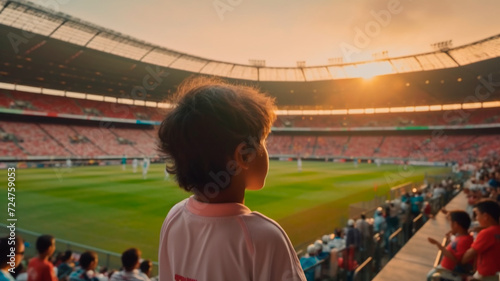 Boy football supporter see the football match from stadium stands. Generative AI © REC Stock Footage