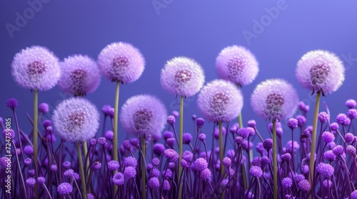  a bunch of dandelions that are in the middle of a field of purple flowers on a purple background with a blue sky in the middle of the background.