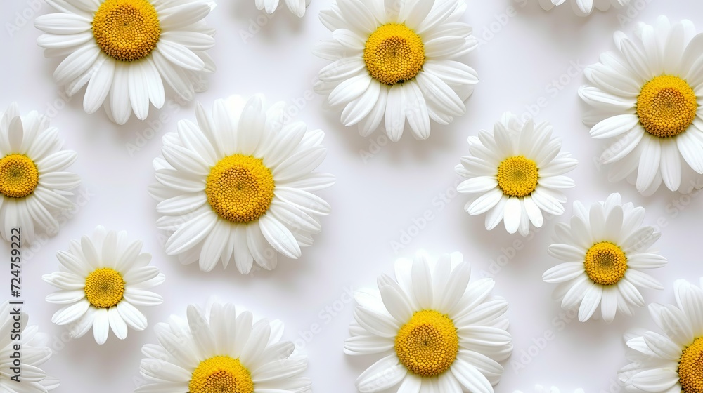 Beautiful white daisy petals scattered on a simple, aesthetic background, top view flat lay concept