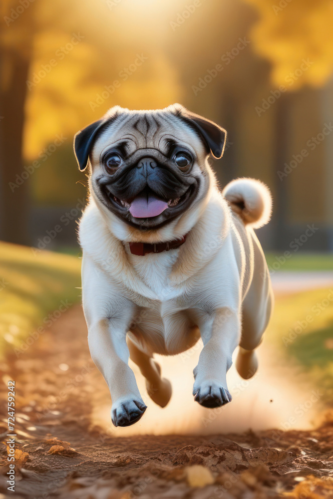 Beige pug dog running in the grass with tongue sticking out. Generative AI Beige pug dog running in the grass with tongue sticking out. Generative AI