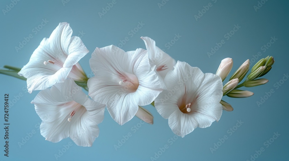a group of white flowers sitting next to each other on a light blue background in the middle of the picture is a single stem of flowers in the foreground. a group of white flowers sitting next to each other on a light blue background in the middle of the picture is a single stem of flowers in the foreground.