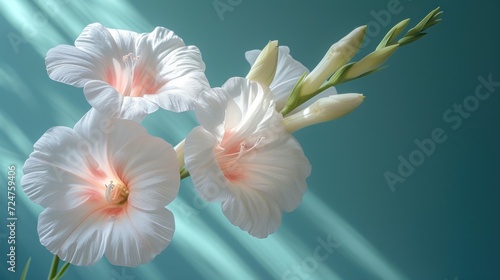  a couple of white flowers sitting next to each other on a blue and green background with a blue sky in the back ground and white clouds in the back ground.