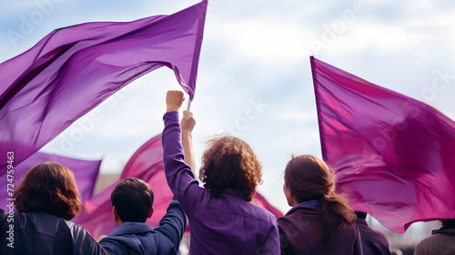 A protest woman raises a purple flag high, feminism rights. Generative AI. photo