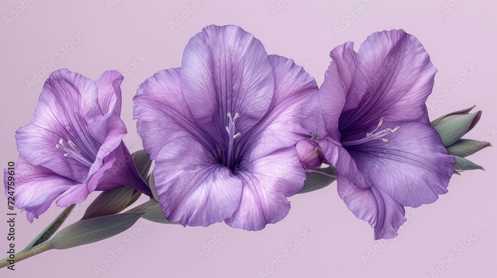 a close up of a purple flower on a pink background with a green stem and two purple flowers on the end of the stem, and one purple flower on the end of the end of the stem. a close up of a purple flower on a pink background with a green stem and two purple flowers on the end of the stem, and one purple flower on the end of the end of the stem.