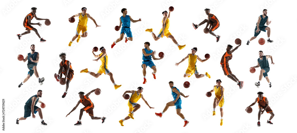 Collage made of dynamic shots of athlete men, professional basketball players with training with ball against white background. Concept of sport, action, motion, movement, energy, active lifestyle. Ad