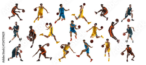 Collage made of dynamic shots of athlete men  professional basketball players with training with ball against white background. Concept of sport  action  motion  movement  energy  active lifestyle. Ad