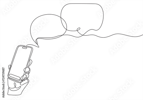 hand holding his phone icon, hand texting to someone on a message app, typing with a speech bubble.continuous line drawing