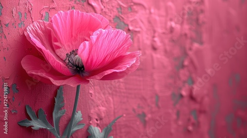  a close up of a pink flower on a pink wall with paint peeling off the side of the wall and a green plant in the middle of the flower stem.