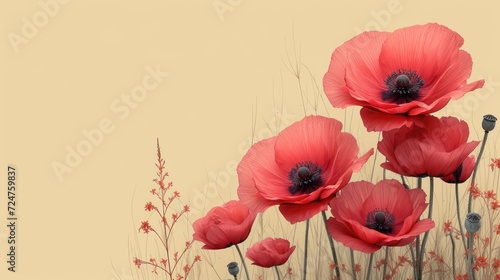  a group of red flowers sitting next to each other on top of a field of grass and flowers in front of a beige background with a black center of the flowers.