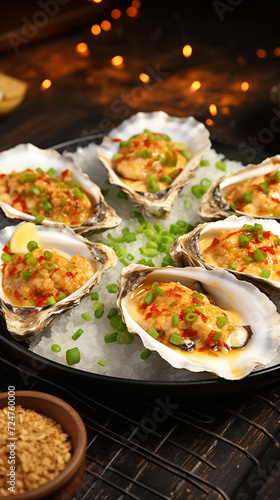 Quality fresh oysters with garlic sauce. Michelin-starred restaurant. Tilt Blur, Professional Illustration, Restaurant Background,