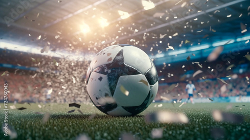 Soccer ball with falling confetti on the grand stage of stadium. Generative AI © REC Stock Footage